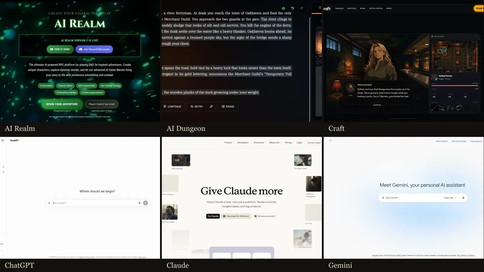 A grid of screens from 6 platforms covered here: AI Realm, AI Dungeon, Craft, ChatGPT, Claude and Gemini