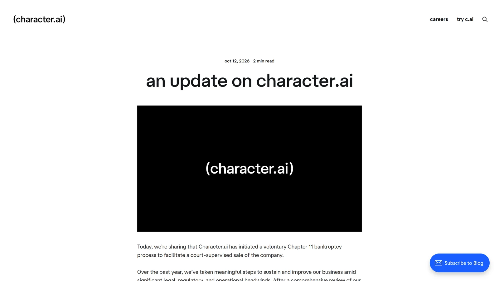 Character.AI's blog post "An Update on Character.ai", announcing its Chapter 11 sale process