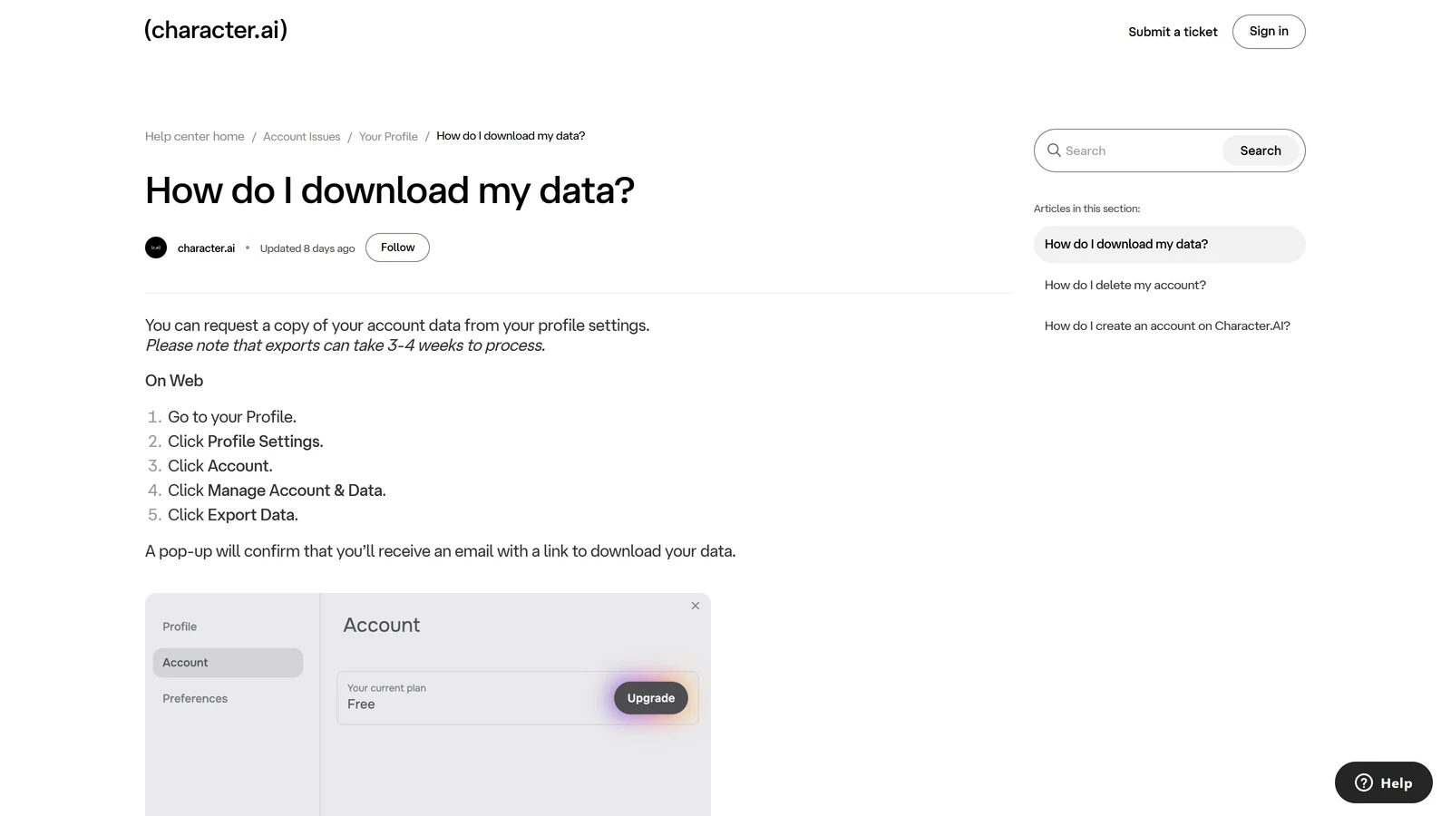 The Character.AI Help Center article "How do I download my data?"
