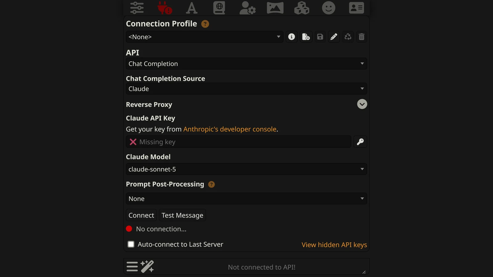 SillyTavern's API Connections panel set to Chat Completion with Claude as the source, showing the API key field and the Claude model selector