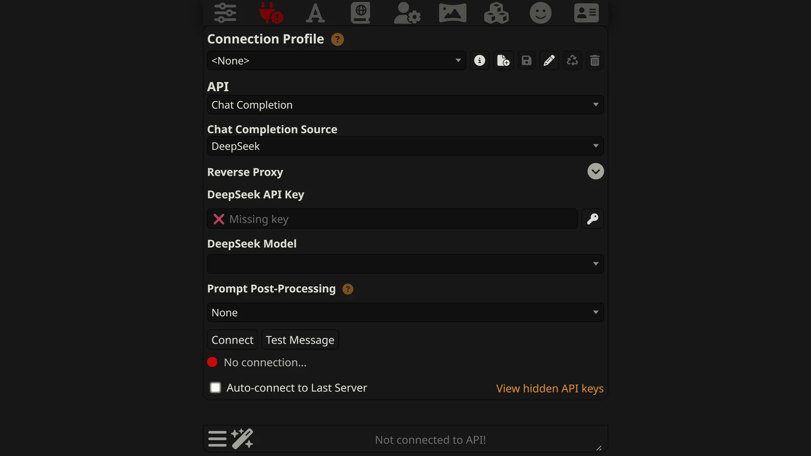 SillyTavern's API Connections panel set to Chat Completion with DeepSeek as the source, showing the API key field and the model selector
