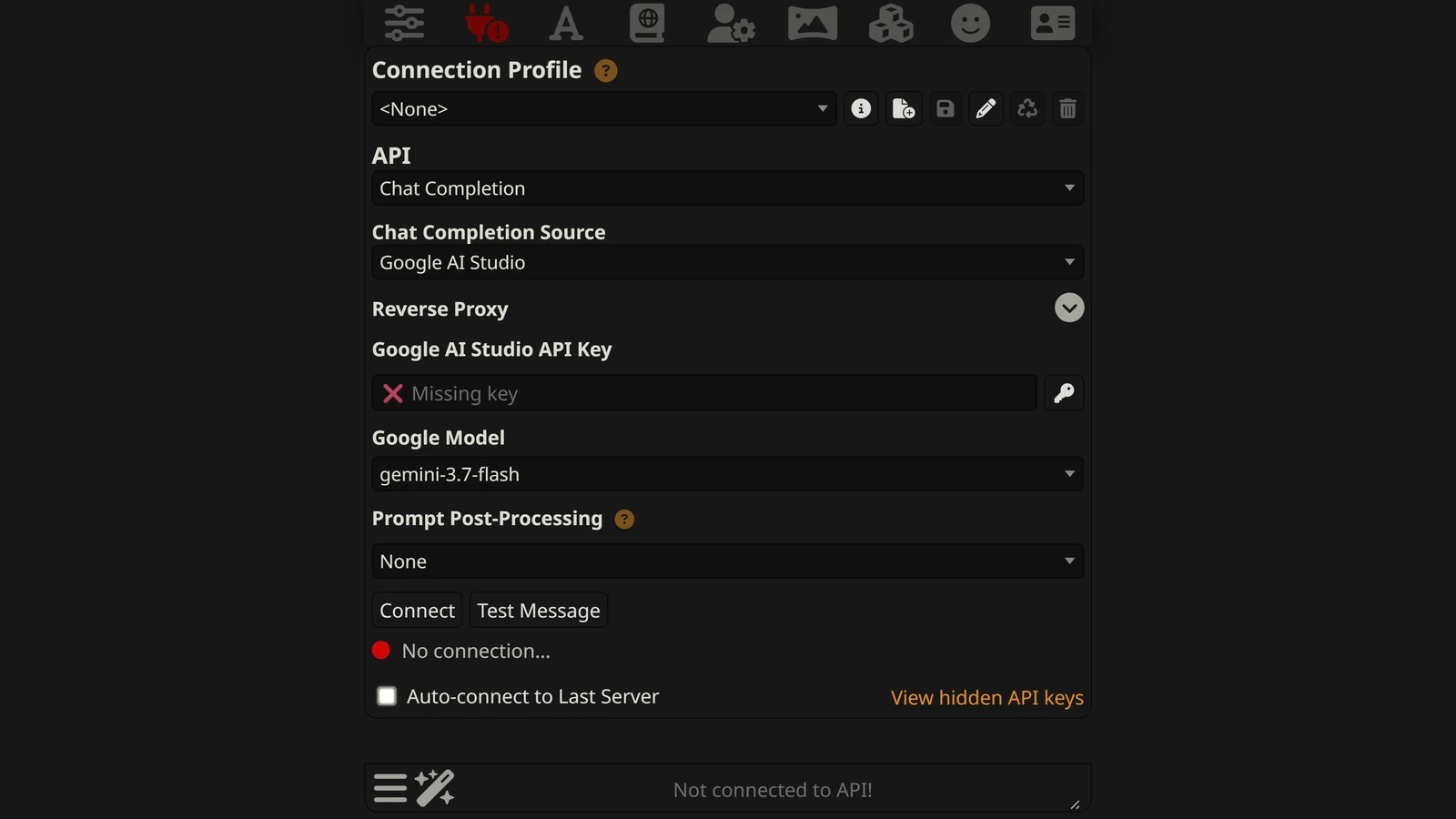 SillyTavern's API Connections panel set to Chat Completion with Google AI Studio as the source, showing the API key field and the model selector