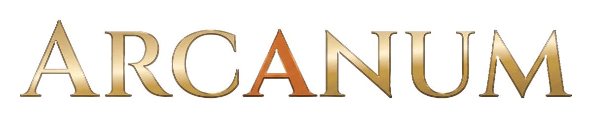 Arcanum wordmark in gold with a transparent background